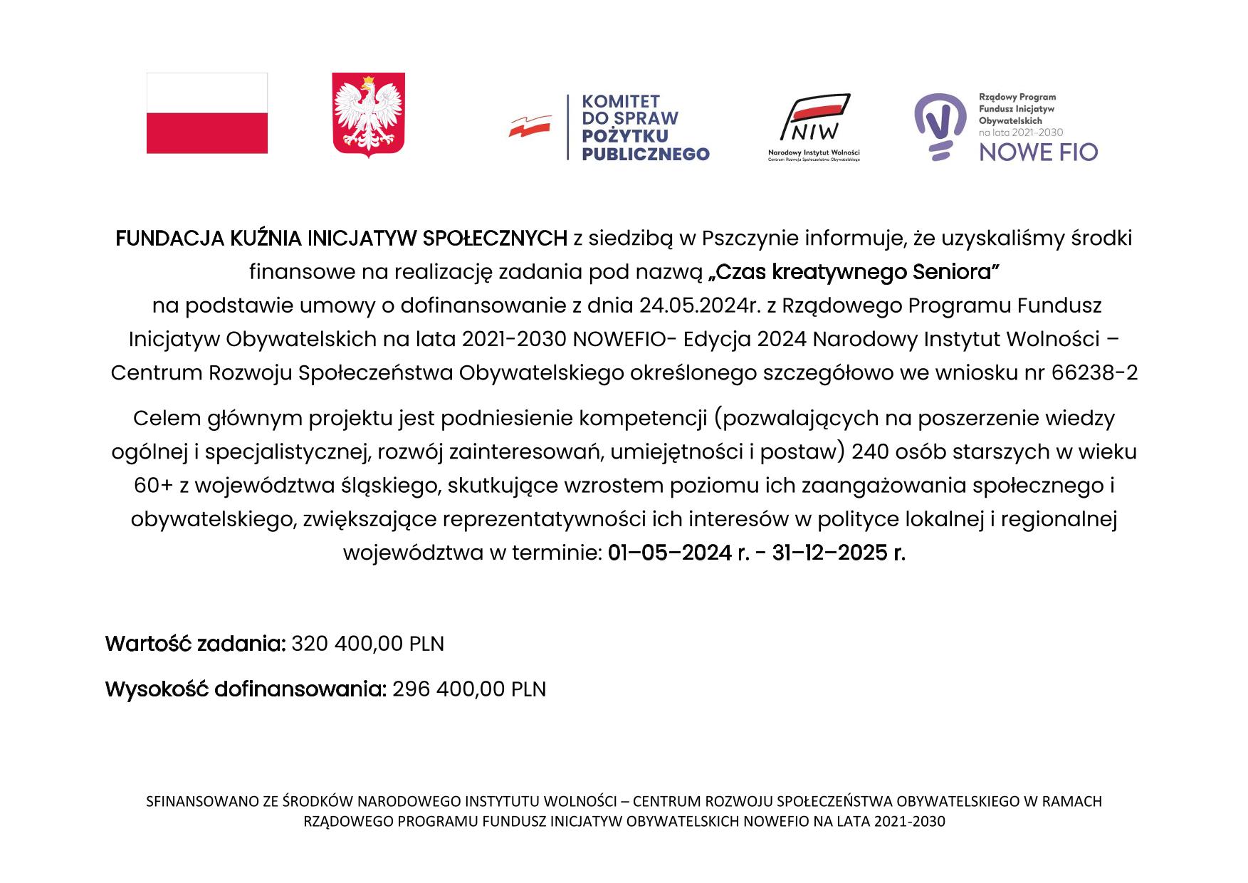 Plakat dofinansowania projektu Czas kreatywnego Seniora