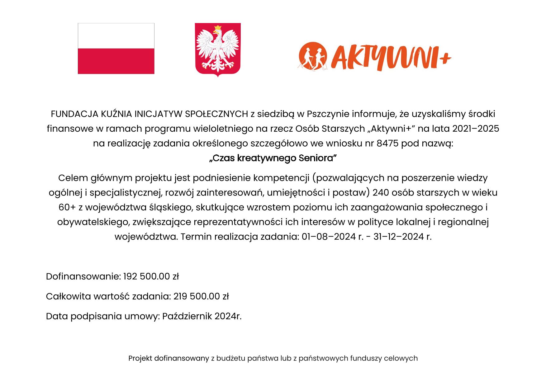 Plakat dofinansowania projektu Aktywni+ Czas kreatywnego Seniora